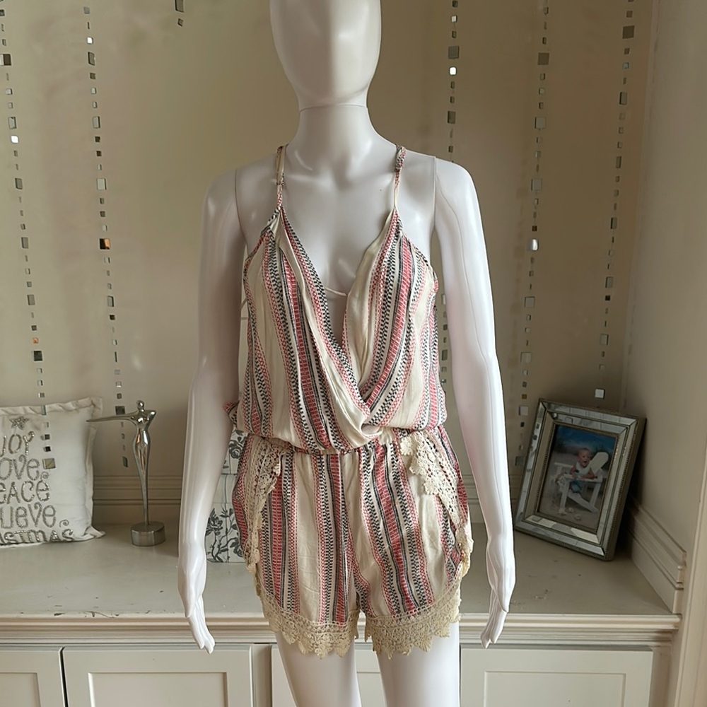 Ocean Drive Striped Romper with Lace Trim